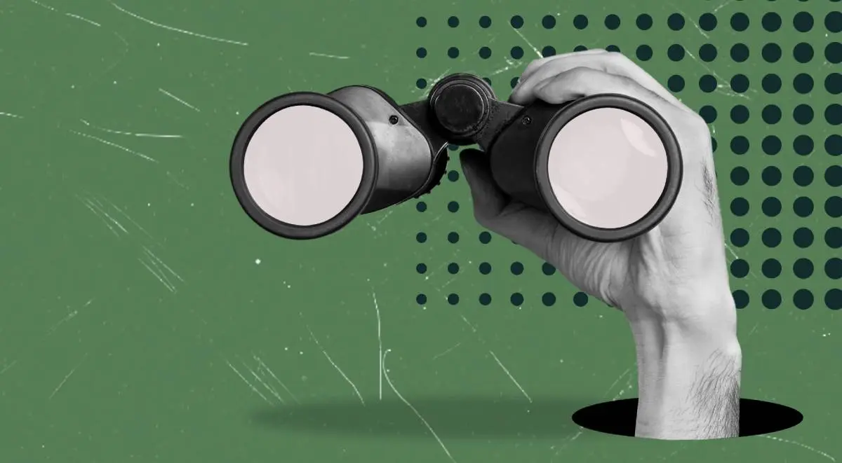 binoculars being held by a hand as an HVAC business owner tries to recruit HVAC techs in a collage style