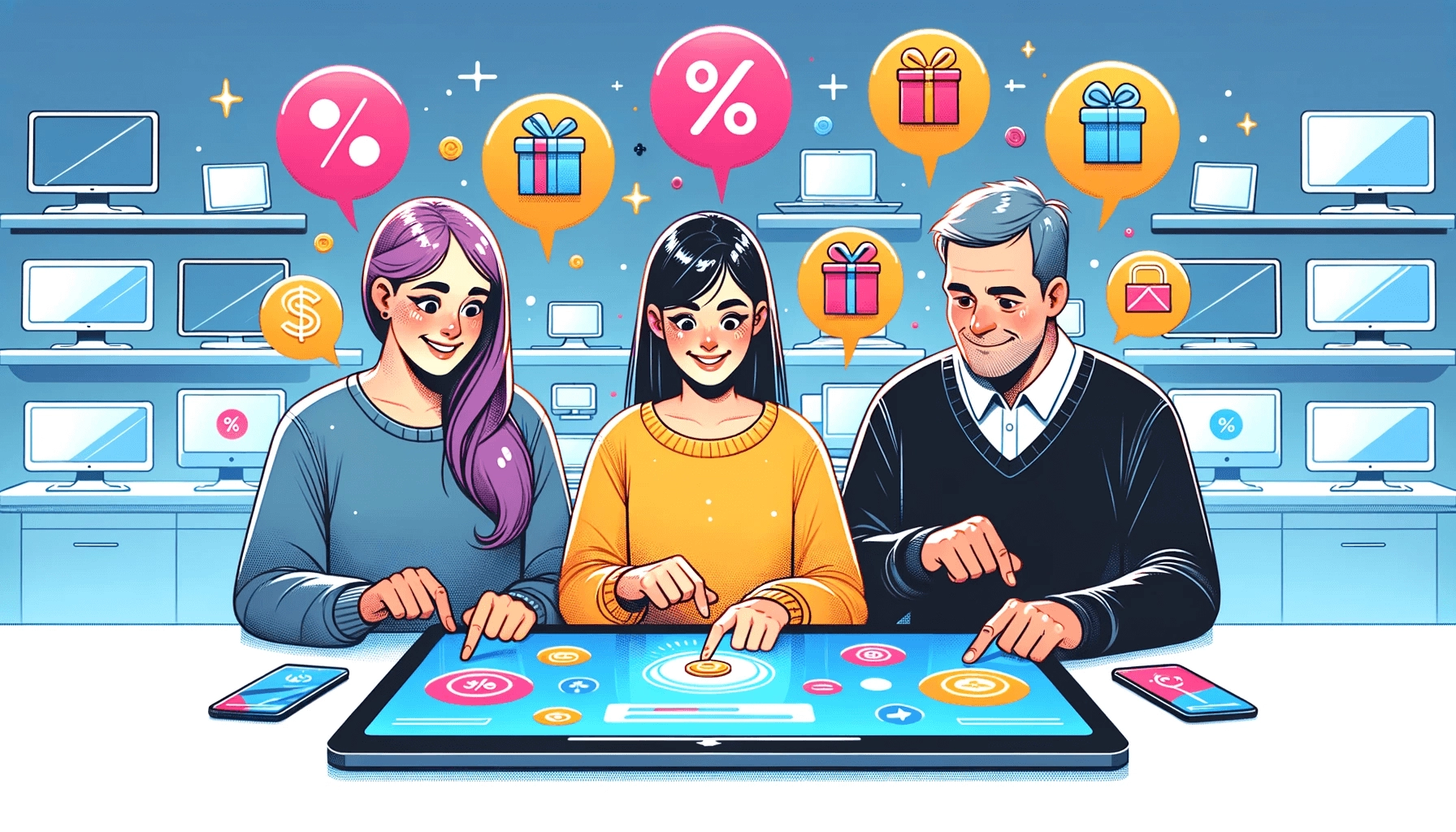 Illustration of individuals in a retail store playing a collaborative reward game