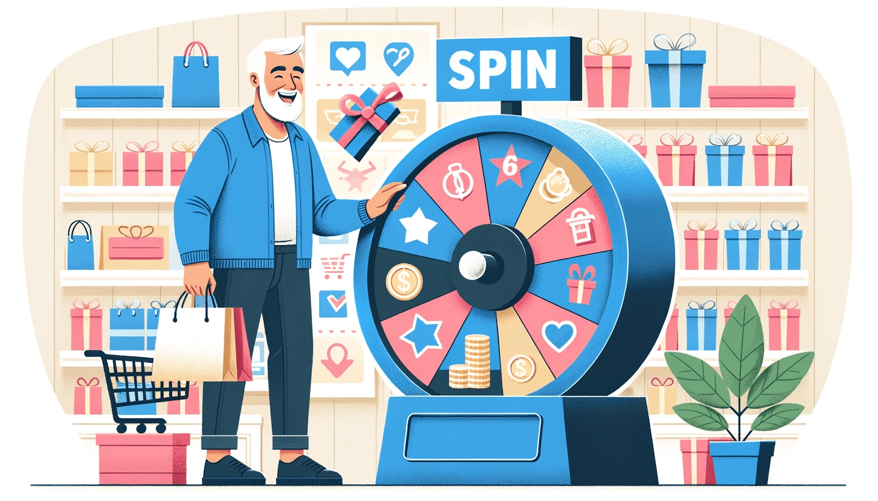 Illustration of a consumer playing a spin-the-wheel game in a retail store