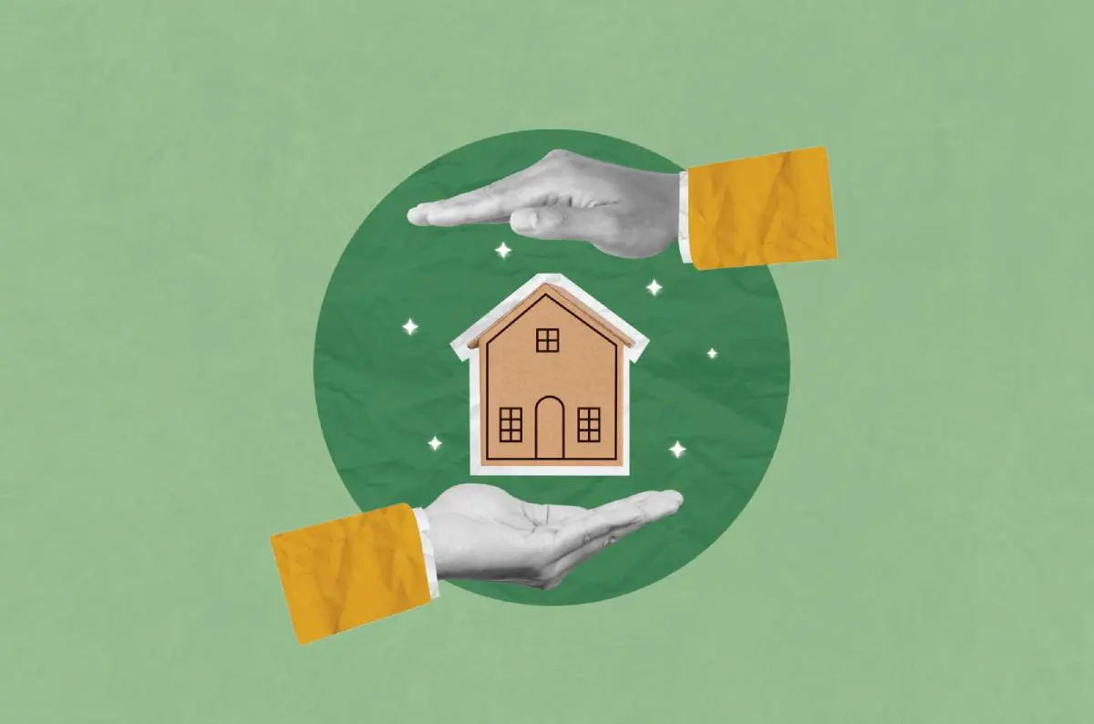 hands supporting a house from the bottom and the top through seasonal roofing maintenance in a collage style of shades of green