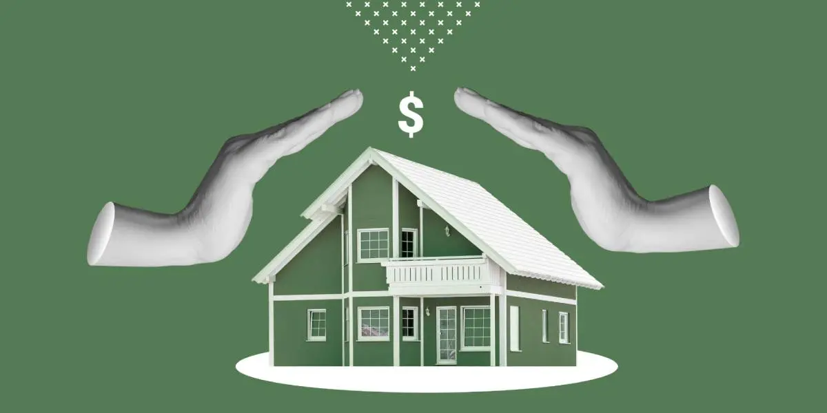two hands over a figurine of a house with a dollar sign floating on top as a collage style of marketing for a roofing business