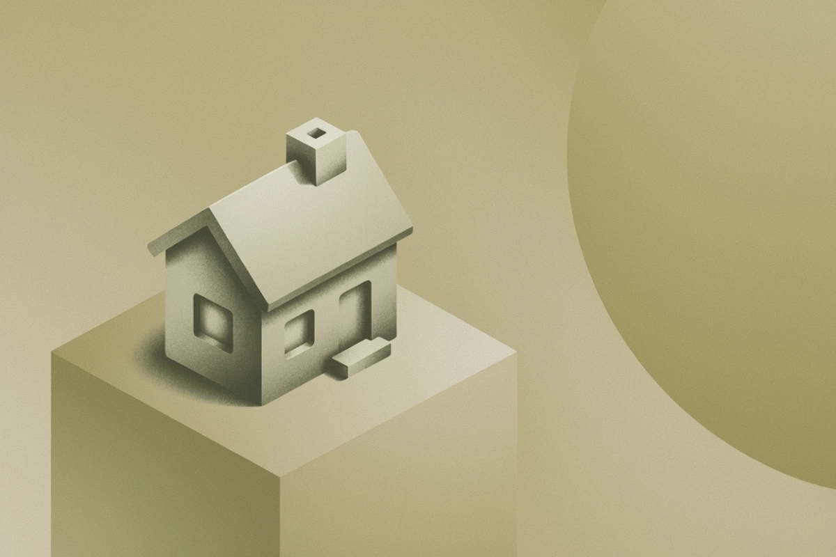 golden tones of a house on a display block as if on exhibit at a roofing trade show, roofing conference, roofing convention, or other roofing industry event