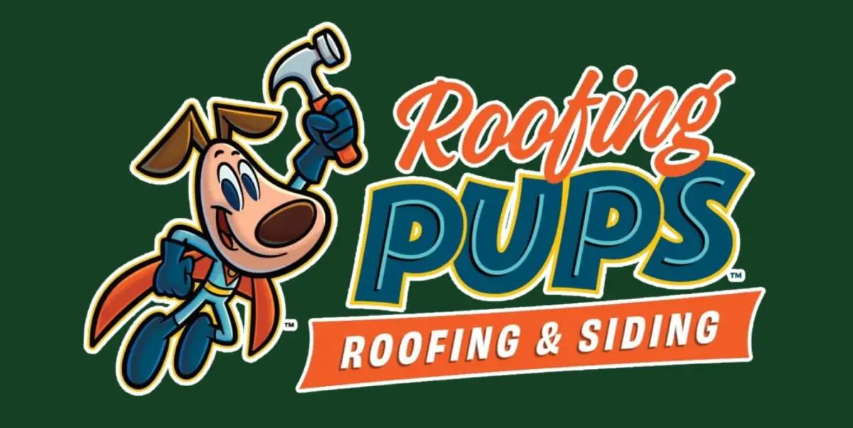 Roofing Pups flying dog logo in cartoon animation against Finturf's branded green