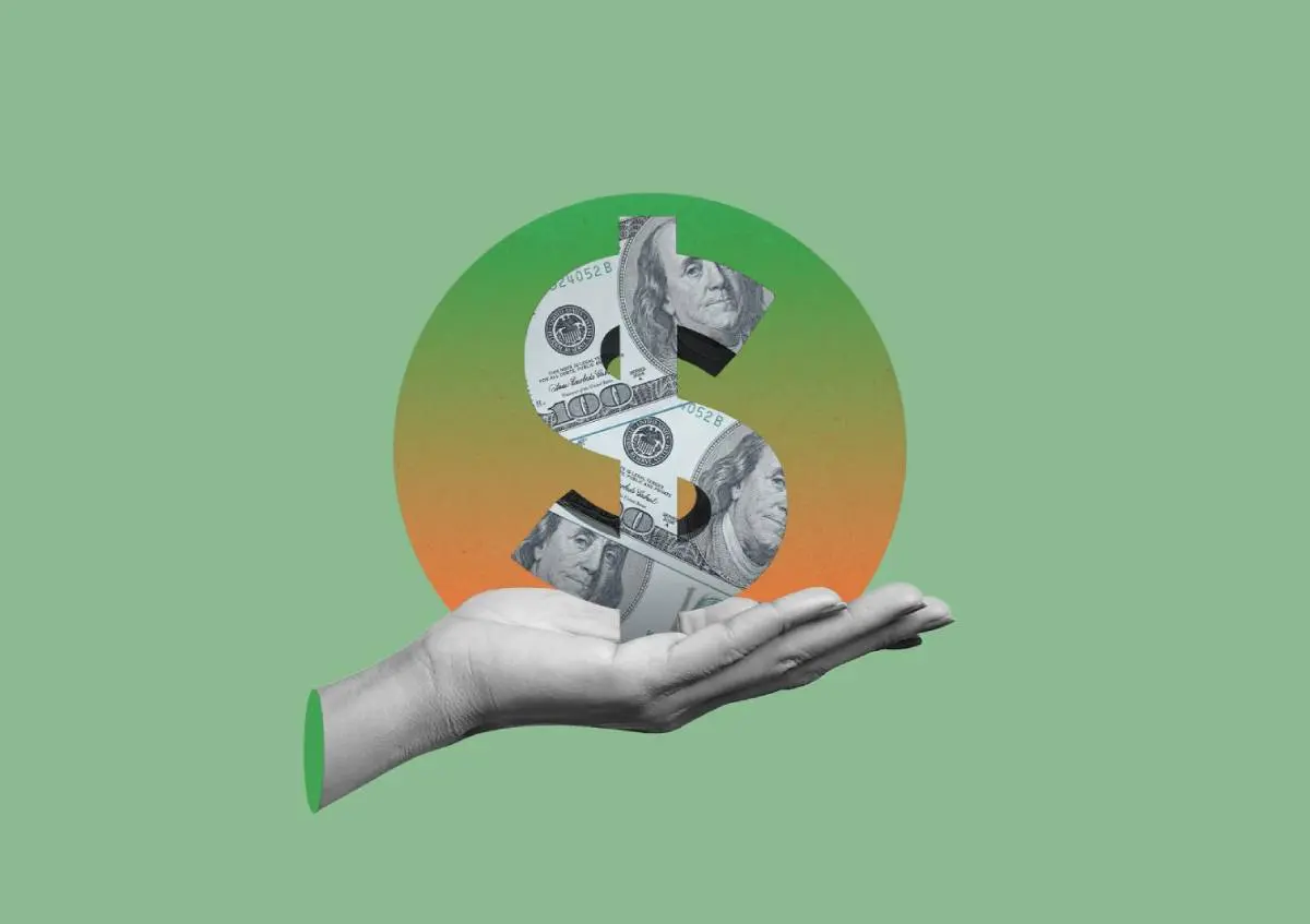 a hand holding a dollar sign composed of one hundred dollar bills as a collage style of a roofing salary