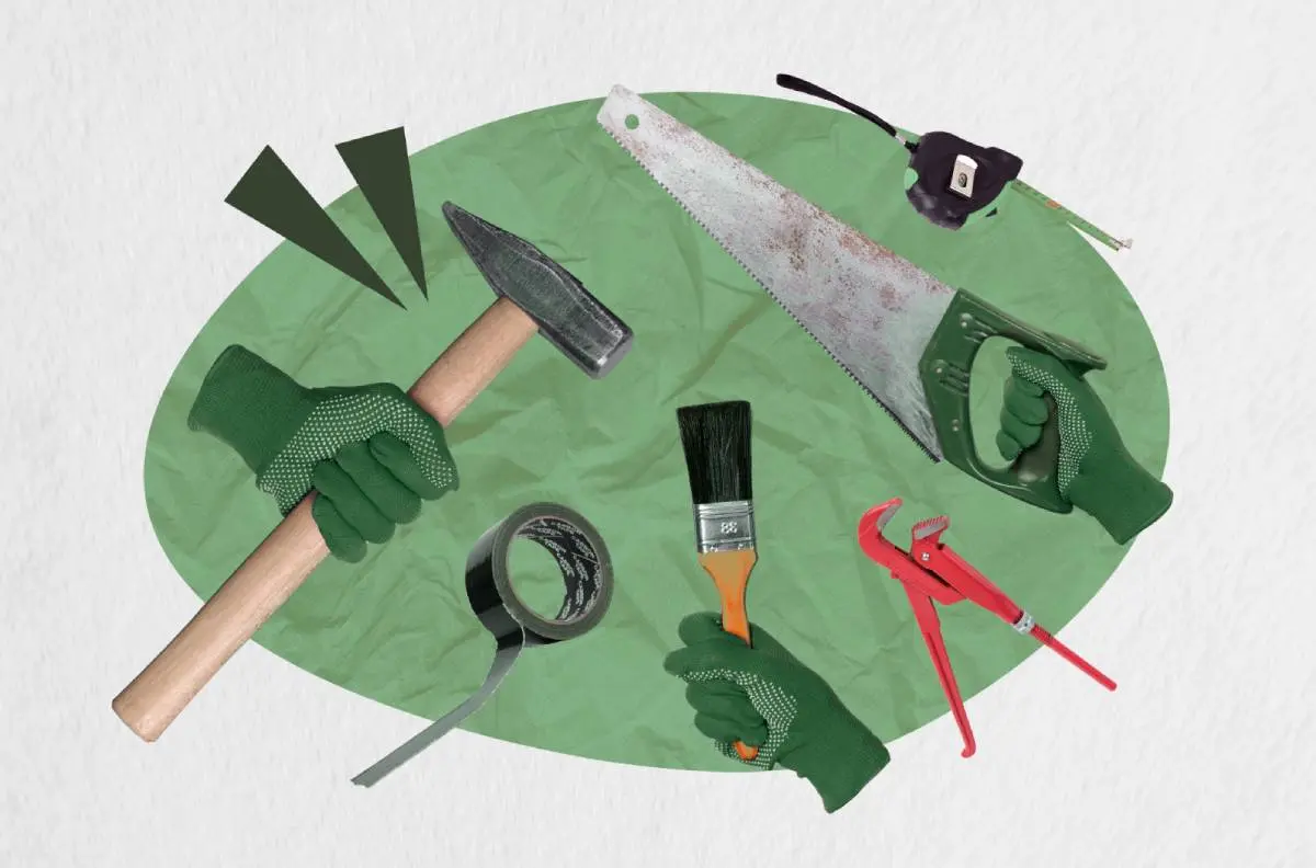a collage of roofing tools, including a tape measure, saw, and hammer, being held by roofing contractors wearing green gloves