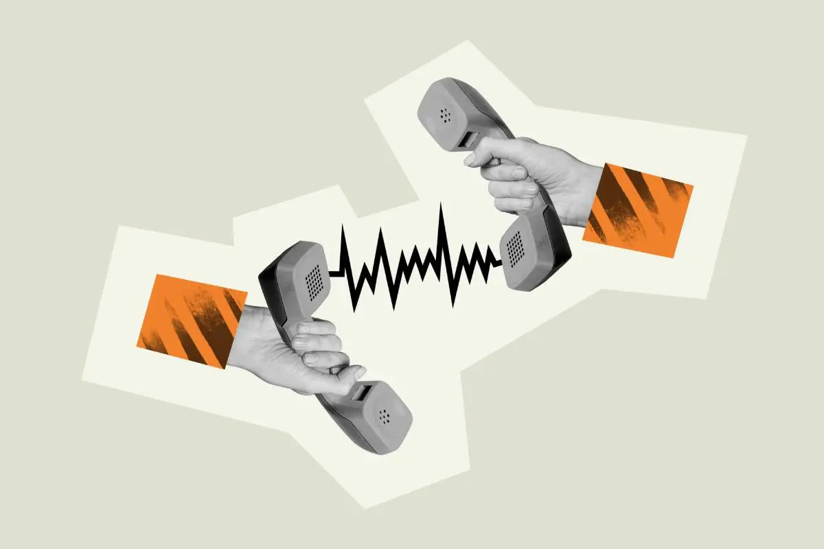 collage of two hands with orange sleeves at the wrists holding old school phones out to each other with a connection line between them