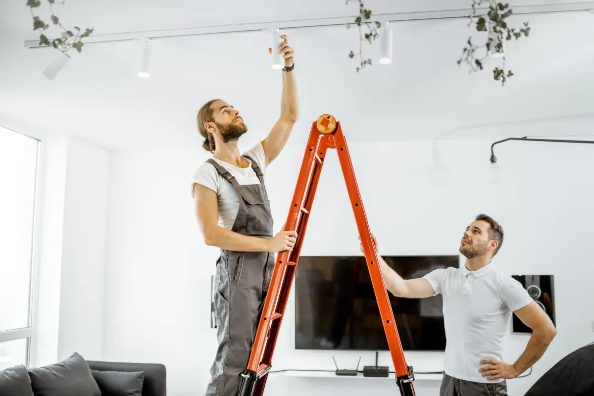 Contractors install smart lighting in living room.