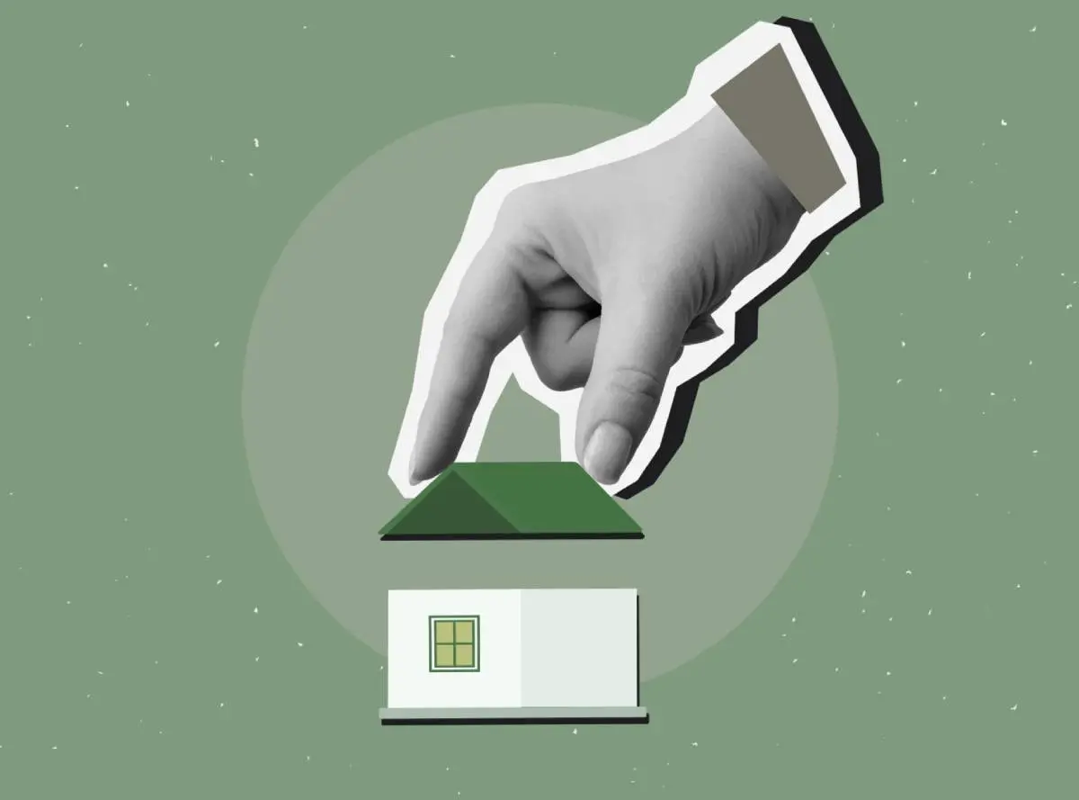 a hand placing a roof on a house after starting a roofing company as a collage style in shades of green