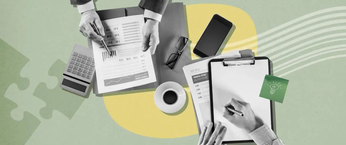 one person writing on a clipboard with a post it with a lightbulb on it, a coffee, glasses, cell phone, calculator, and another person reviewing charts in a collage style of how to start an HVAC business