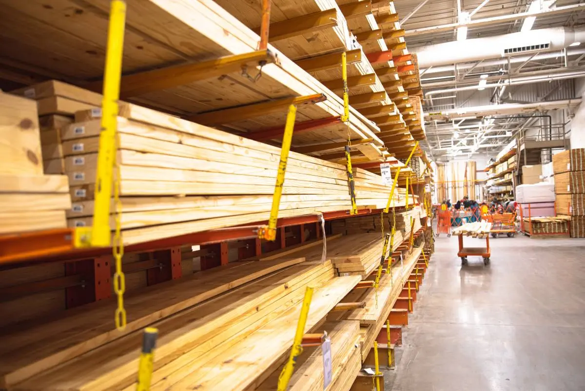 timber aisle with various 4x4 options at a home improvement store