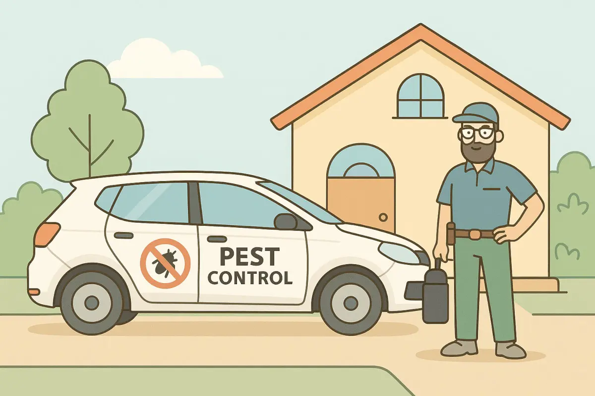 Pest control worker standing next to car