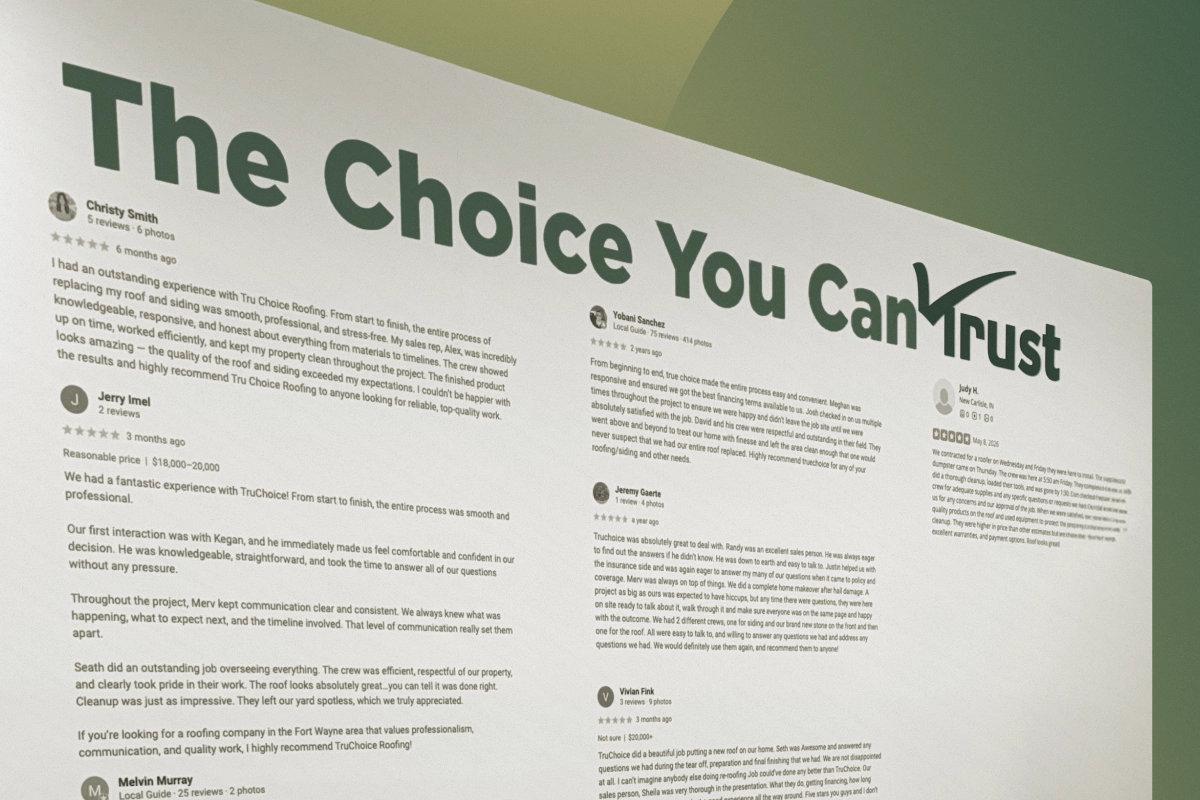 TruChoice Roofing testimonial wall in headquarters building from LB Capital Shop Tour in Fort Wayne, Indiana